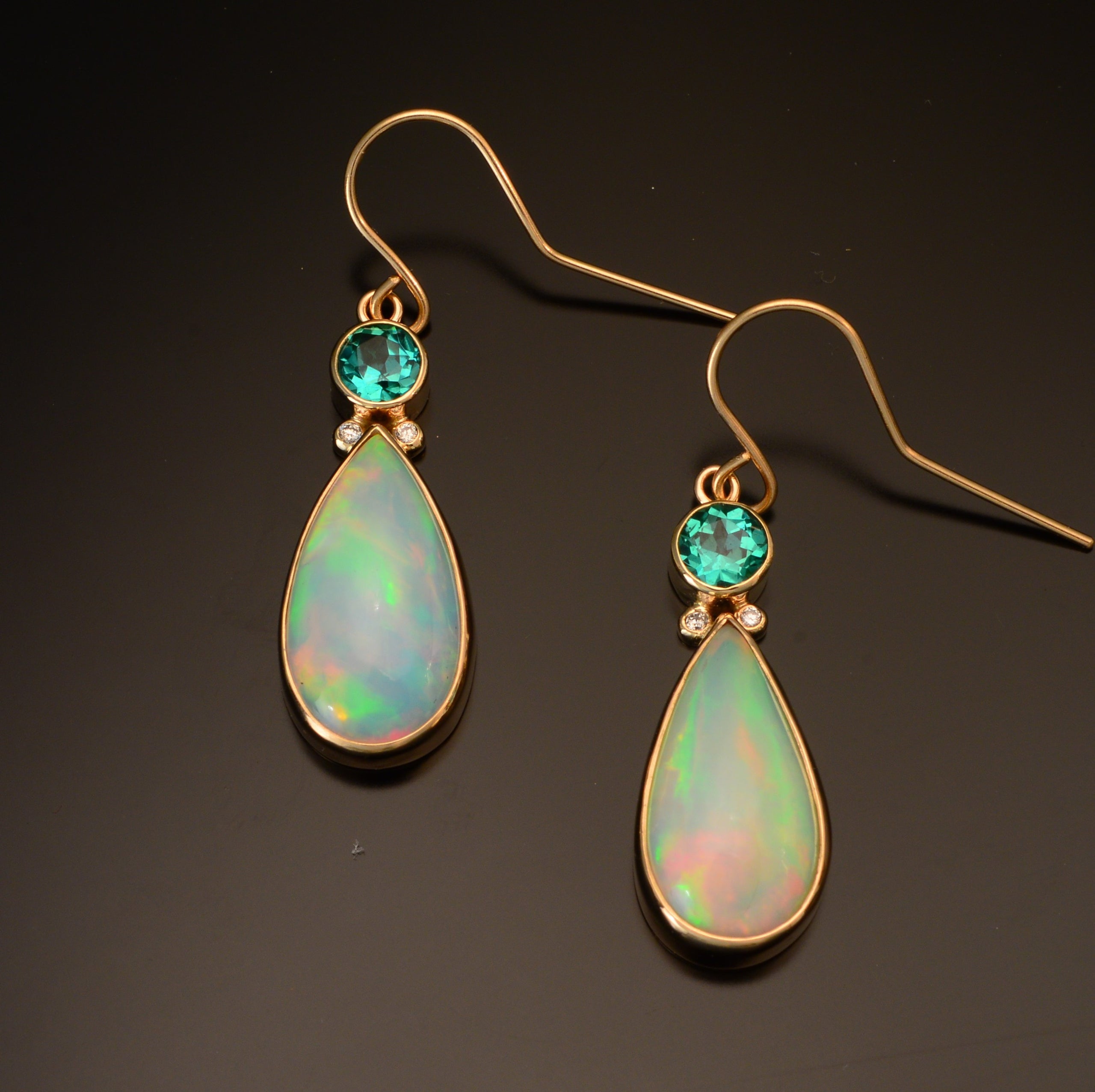 14K earrings pear shape Ethiopian Opal with round Tourmaline accents- WOW!